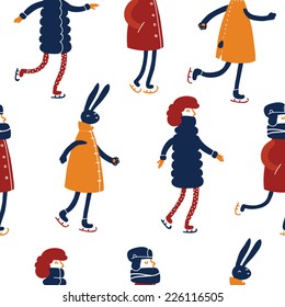 Rabbit, Girl And Boy Ice Skating (seamless pattern)