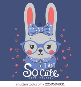 Rabbit girl face with glasses on dark background. I am So Cute Love Yourself slogan text. Vector illustration design for t-shirt graphics, fashion prints, slogan tees and other uses