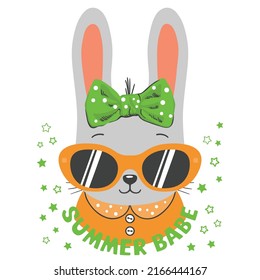 Rabbit Girl Face With Sunglasses, Summer Babe Slogan Text For T-shirt Graphics, Fashion Prints And Other Uses