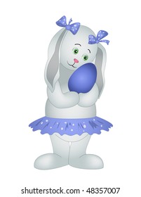 Rabbit girl holds in paws an Easter egg, a celebratory picture