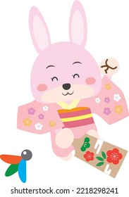 A rabbit girl in a kimono playing with feathers on a battledore