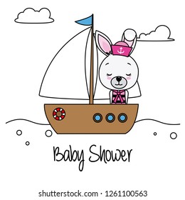 Rabbit girl on a sailing ship. Baby shower card
