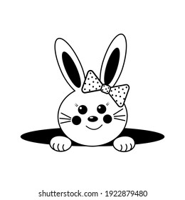 rabbit girl peeking out of the hole, black outline, children's Vector Isolated illustration for Holy Easter holiday, decor, decoration, print
