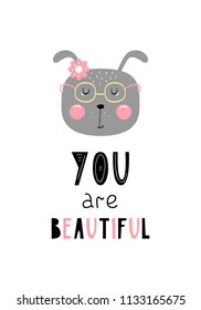 Rabbit girl poster in Scandinavian style. Vector illustration