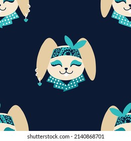 Rabbit girl rock star animal seamless pattern. Hand drawn colorful doodle cartoon character in rock accessories. Ideal for baby clothes, textiles, wallpaper, wrapping paper