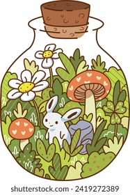 Rabbit in a glass bottle among plants and mushrooms, vector