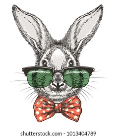 Rabbit in glasses  Vintage hand drawn cute bunny face doodle sketch portrait and glasses   bow tie vector illustration