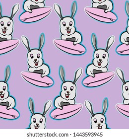 Rabbit go surfing happy, funny, bunny and surf board, animal, cute, pet, smile, fun, expression  cartoon seamless pattern  with purple and pink background