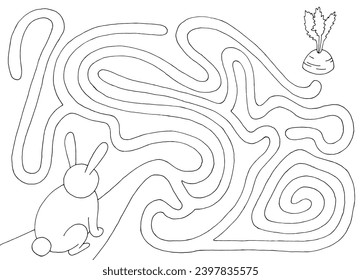 Rabbit goes to the carrot maze graphic black white sketch illustration vector