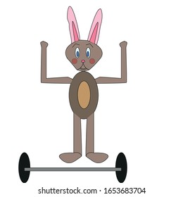 the rabbit goes in for sports and has a barbell in front of his legs