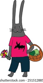 Rabbit goes to visit. Hand drawn illustration.
