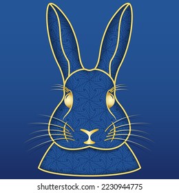Rabbit gold head. Face patterned texture. Symbol 2023 year of rabbit. Card with gold border line bunny zodiac sign on blue background. For branding covers, cards, posters, banner Vector illustration