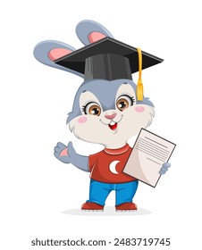 Rabbit in graduation cap. Back to school concept. Funny rabbit cartoon character. 