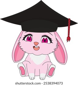 Rabbit with graduation hat sitting on floor pink bunny character mascot illustration