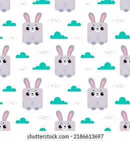 Rabbit in the grass. Pattern with cute cartoon animals. Kawaii children's print with pets. Vector illustration for fabric, paper, wallpaper, packaging