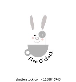 Rabbit in a gray cup.Time to drink tea, five o'clock. Monocle, clock. Icon, logo for cafe.