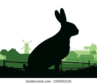 Rabbit are grazing. Picture silhouette. Farm pets. Fur animals. Isolated on white background. Vector