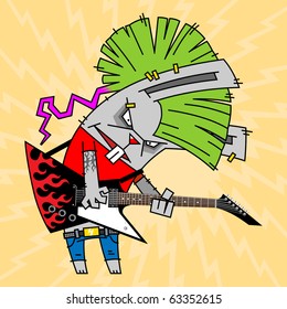 rabbit with a green Mohawk, playing the electric guitar