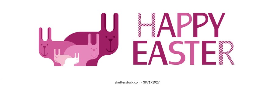 Rabbit Group Bunny Happy Easter Holiday Banner Pink Greeting Card Flat Vector Illustration