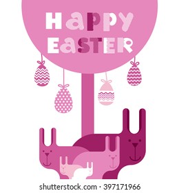 Rabbit Group Bunny Happy Easter Holiday Banner Pink Greeting Card Flat Vector Illustration