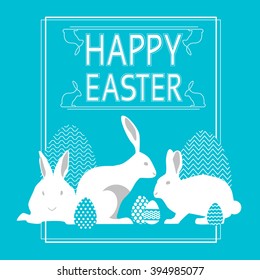 Rabbit Group Bunny With Sketch Painted Eggs Happy Easter Holiday Blue Greeting Card Vector Illustration