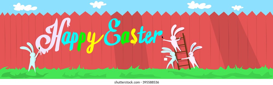 Rabbit Group Standing On Step Ladder Hold Brush Paint Happy Easter On Wall Holiday Banner Greeting Card Vector Illustration