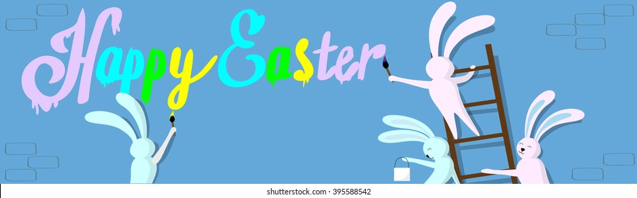 Rabbit Group Standing On Step Ladder Hold Brush Paint Happy Easter On Wall Holiday Banner Greeting Card Vector Illustration
