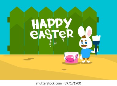 Rabbit Group Standing On Step Ladder Hold Brush Paint Happy Easter On Wall Holiday Banner Greeting Card Vector Illustration