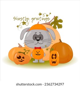 Rabbit with halloween pumpkin. A rabbit in a pumpkin costume surrounded by pumpkins. Happy Halloween. Simple vector illustration.