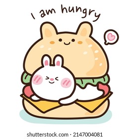Rabbit in hamburger hand drawn background I am hungry writing Cute cartoon character design Animal doodle style Kawaii rabbit concept Fast food Kid graphic Vector Illustration 