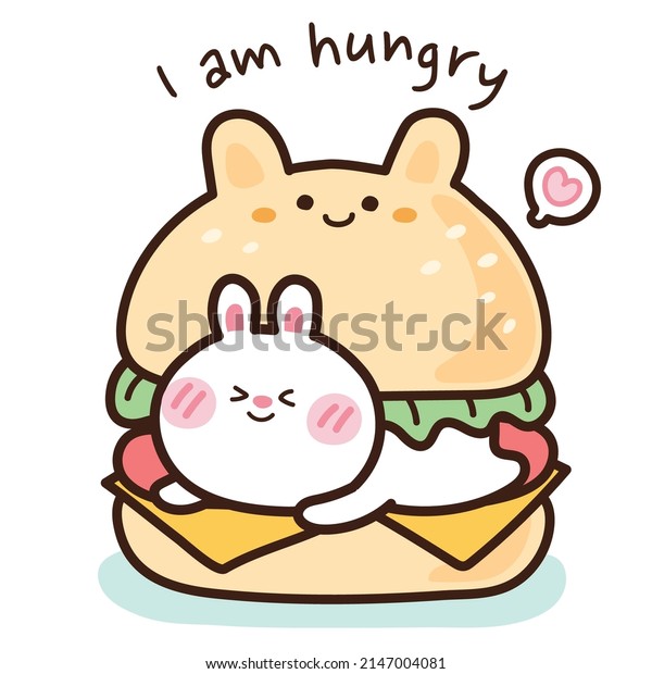 Rabbit in hamburger\
hand drawn background.I am hungry writing.Cute cartoon character\
design.Animal doodle style.Kawaii rabbit concept.Fast food.Kid\
graphic.Vector.Illustration.
