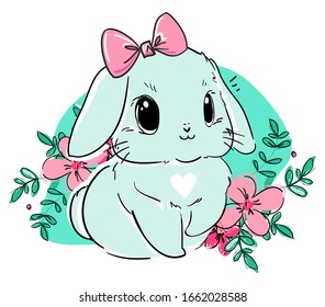 Rabbit. Hand drawn cute bunny and flowers. Vector illustration.