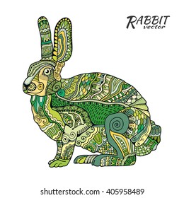 Rabbit. Hand drawn rabbit with ethnic floral doodle pattern. Zentangle style art, vector illustration for Easter, isolated green on white background. Zen doodles