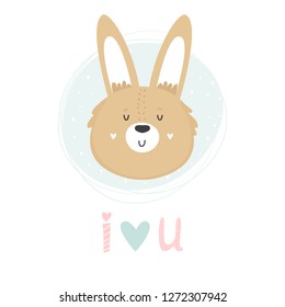 Rabbit hand drawn face. Vector character. Baby print, textile, book, baby shower template card
