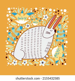 Rabbit hand drawn flat illustration isolated on yellow floral background. Cute animal in color for childrens print. Flat style print for kids. Folk art, scandinavian style.