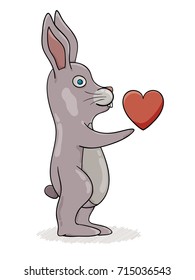 Rabbit with hand stretched out with red heart. Cartoon illustration.