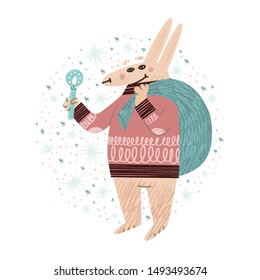 Сute rabbit handdrawn illustration in vector. Funny woodland animal in sweeter with a candle and a bag of gifts cartoon character. Xmas flat greeting card design with dots, stars and snowflakes around