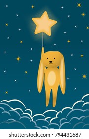 Rabbit hang on star and fly through the night star sky