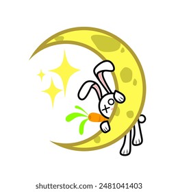 Rabbit hanging on the moon while holding a carrot vector