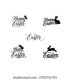 Rabbit and Happy Easter collection, vector silhouette. Happy Easter black and white set. 