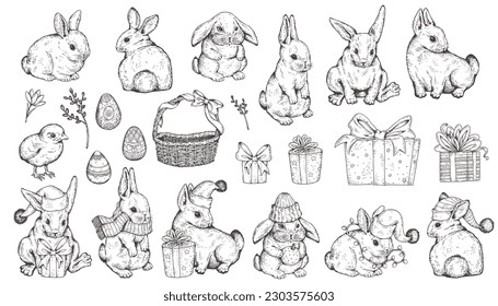 Rabbit or hare big set hand drawn gravure or sketch style vector illustration isolated on white background. Rabbit or bunny cute characters for Easter and Christmas.