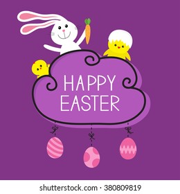Rabbit hare bunny and carrot, baby chicken shell. Happy Easter. Cloud frame. Hanging painted eggs. Dash line with bows. Greeting card. Flat design style. Vector illustration