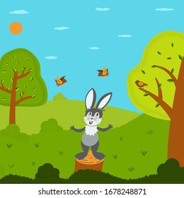 A rabbit, hare or bunny stands on a stump and sings. Birds fly nearby and listen. Spring-summer mood, colorful trees, green grass, blue clear sky. Hi spring. Forest Day. Take care of nature. Vector