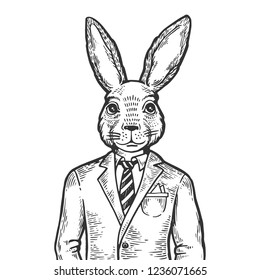 Rabbit hare businessman engraving vector illustration. Scratch board style imitation. Black and white hand drawn image.