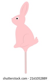 Rabbit. Hare. Candy lollipop. Pink sugar caramel. Color vector illustration. Sweet treat on a stick. Animal with long ears and cute big eyes. Isolated background. Flat style. Festive print. 