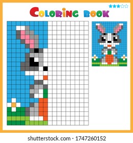 Rabbit or hare with carrot. Color the image symmetrically. Coloring book for kids. Colorful Puzzle Game for Children with answer.