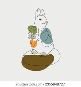 Conejo, liebre, con una zanahoria en las manos, una línea, suaves colores pastel. Ilustración del vector EPS10