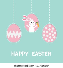 Rabbit hare with carrot. Three painting egg shell. Happy Easter text. Hanging painted egg set. Dash line. Greeting card. Flat design style. Cute decoration element. Vector illustration
