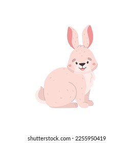 Rabbit or hare cartoon character sitting on paws, flat cartoon vector illustration isolated on white background. Lovely little Easter rabbit or bunny.