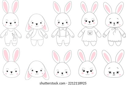 rabbit, hare cartoon set sketch ,outline icon isolated vector